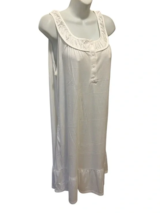 Boutique White Minimalist Sleeveless Nightgown Sz L Ruffle Hem 4 Button Neck - Picture 2 of 8